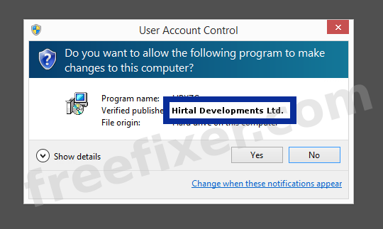 Screenshot where Hirtal Developments Ltd. appears as the verified publisher in the UAC dialog